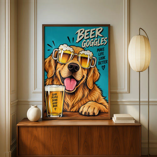 Beer Goggles Golden Retriever Poster, Funny Dog Beer Wall Art, Man Cave Print