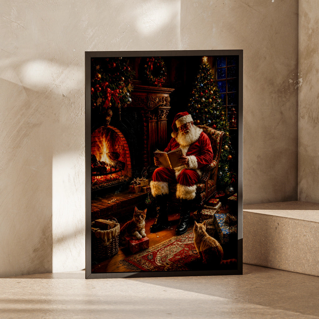 Santa Claus Fireplace Poster, Christmas Wall Art, Cosy Festive Print with Cats