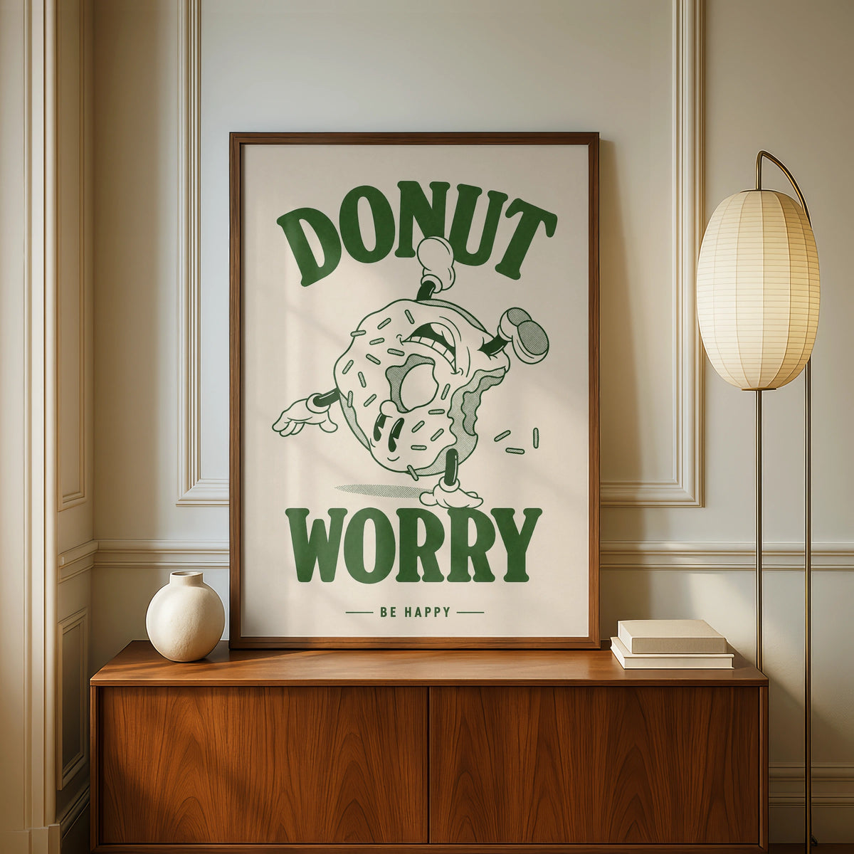 Donut Worry Be Happy Poster, Retro Green Cartoon Wall Art, Funny Kitchen Print