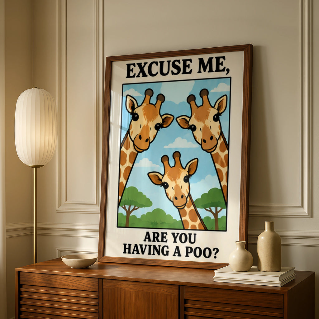 Funny Giraffe Bathroom Poster, Excuse Me Are You Having A Poo, Toilet Wall Art