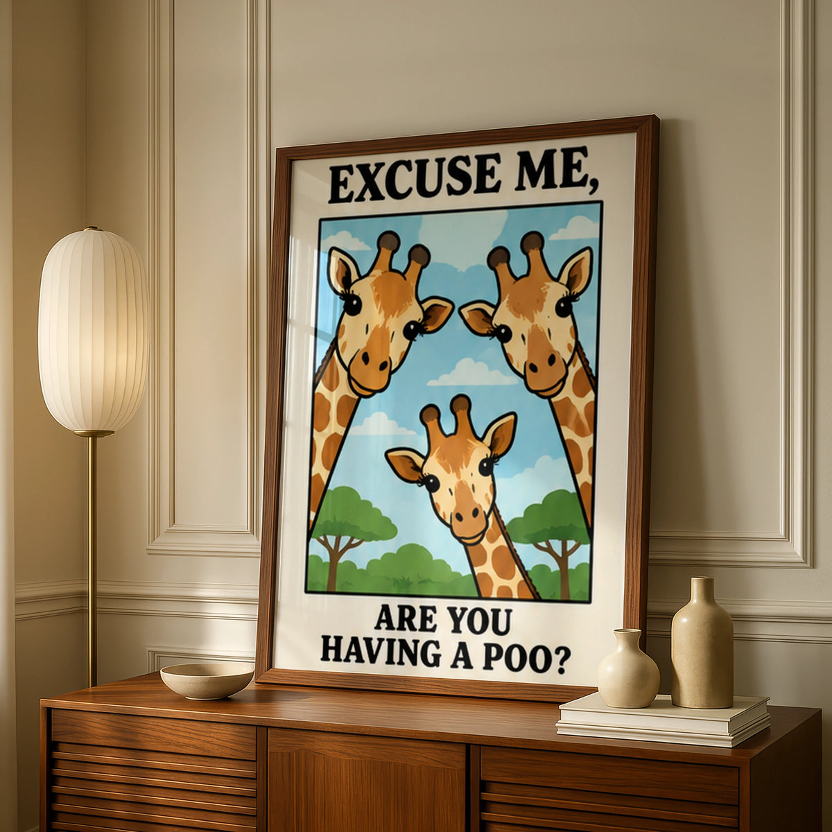 Funny Giraffe Bathroom Poster, Excuse Me Are You Having A Poo, Toilet Wall Art