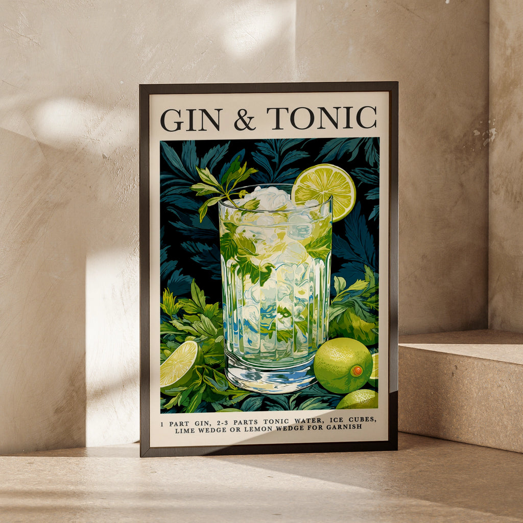 Gin & Tonic Cocktail Poster, Bar Cart Wall Art, Green Botanical Drinks Print