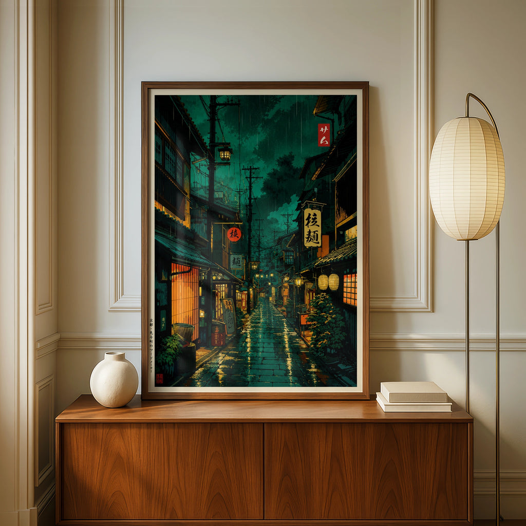 Japanese Street at Night Poster, Rainy Japan Alley Wall Art, Anime City Print
