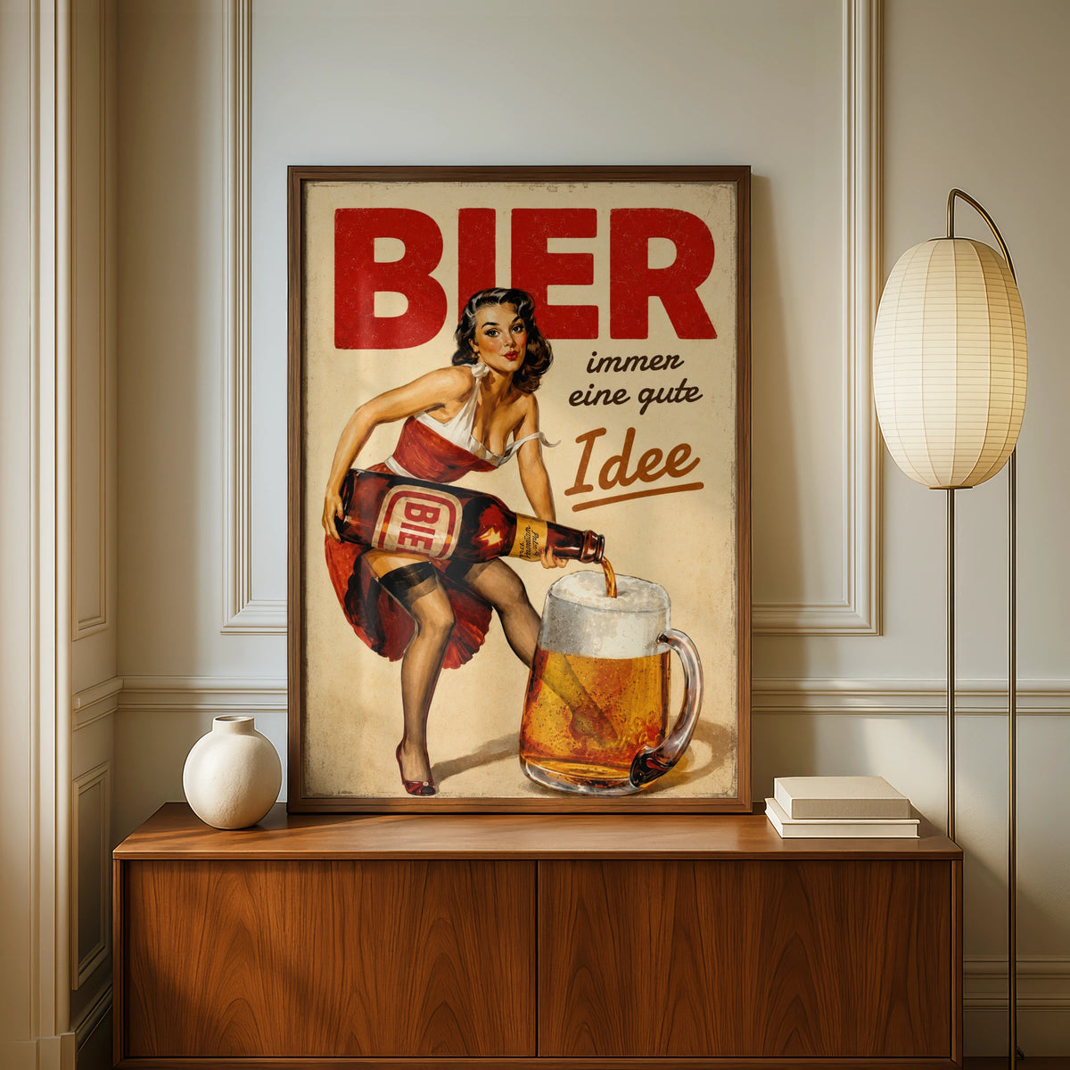Retro Beer Pin Up Poster, Vintage German Bier Wall Art, Bar Pub Man Cave Decor