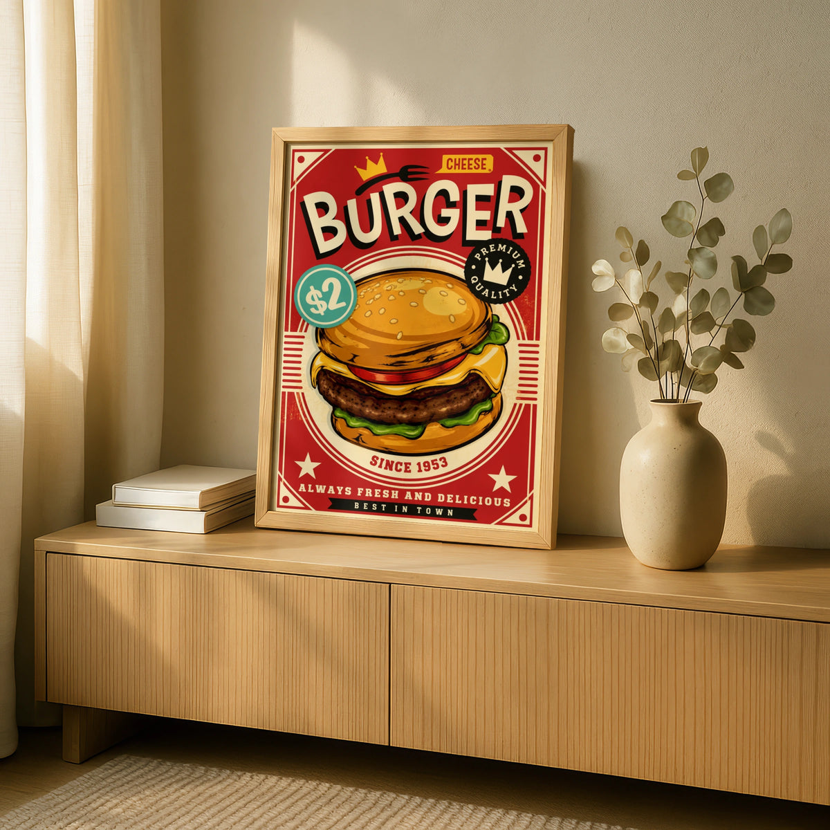 Retro Burger Poster, Vintage Fast Food Wall Art, Diner Kitchen Decor, Red Cheeseburger Print