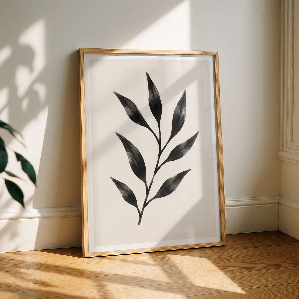 Abstract Leaf Botanical Poster, Black Minimalist Plant Wall Art, Scandi Nature Print