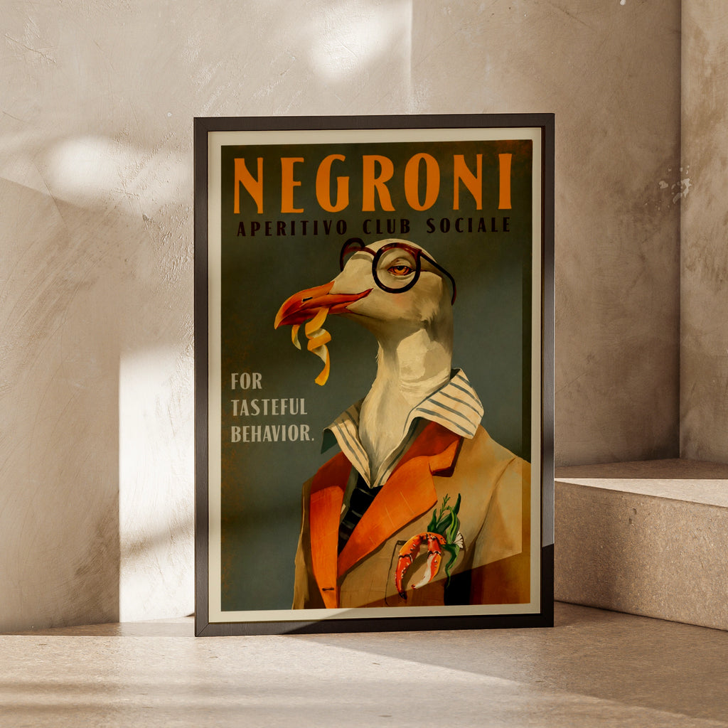 Negroni Aperitivo Seagull Poster, Vintage Cocktail Bar Wall Art, Retro Italian Print