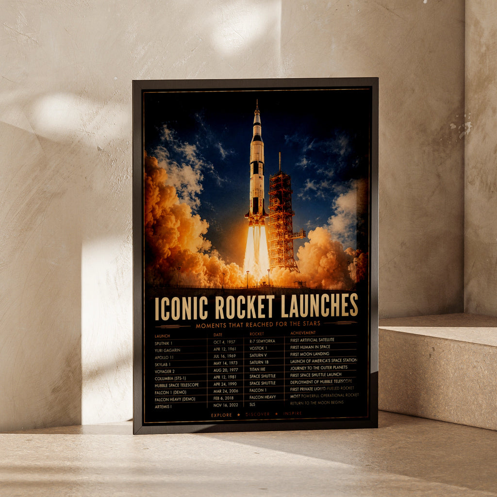 Iconic Rocket Launches Space History Poster, NASA Apollo Saturn V Wall Art Print