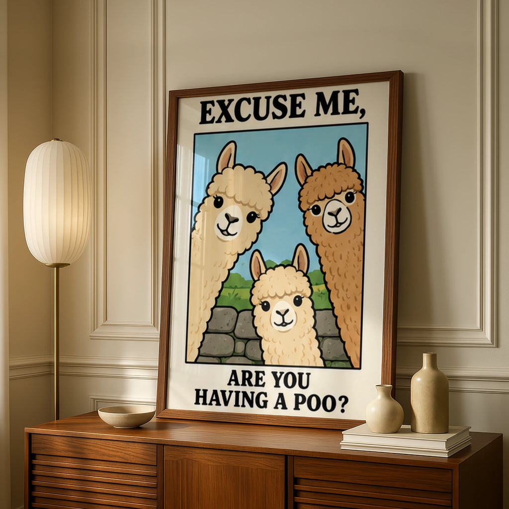 Funny Alpaca Bathroom Poster, Excuse Me Are You Having A Poo, Cute Animal Wall Art