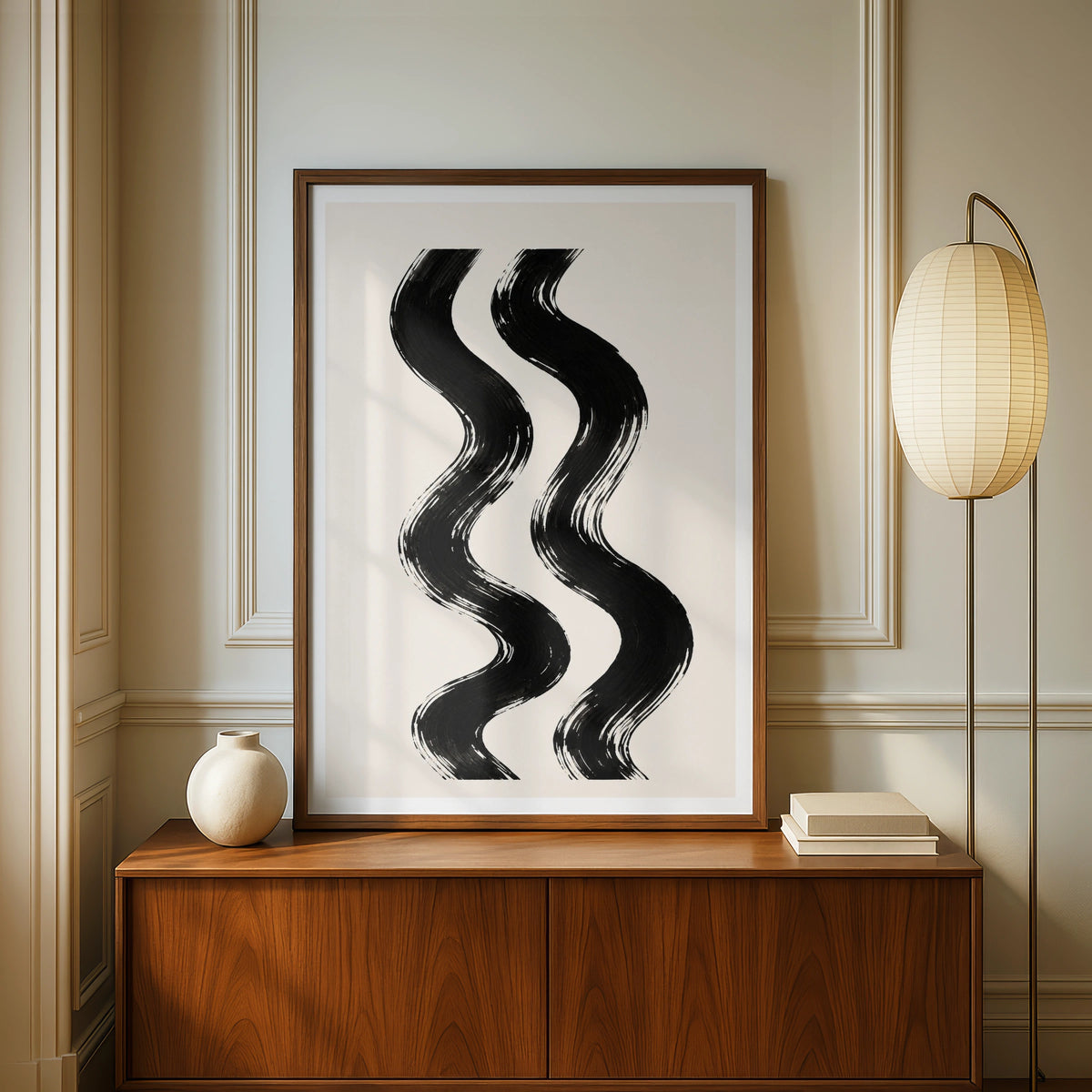 Abstract Swirl Poster, Black Cream Brushstroke Wall Art, Minimalist Wavy Lines Print