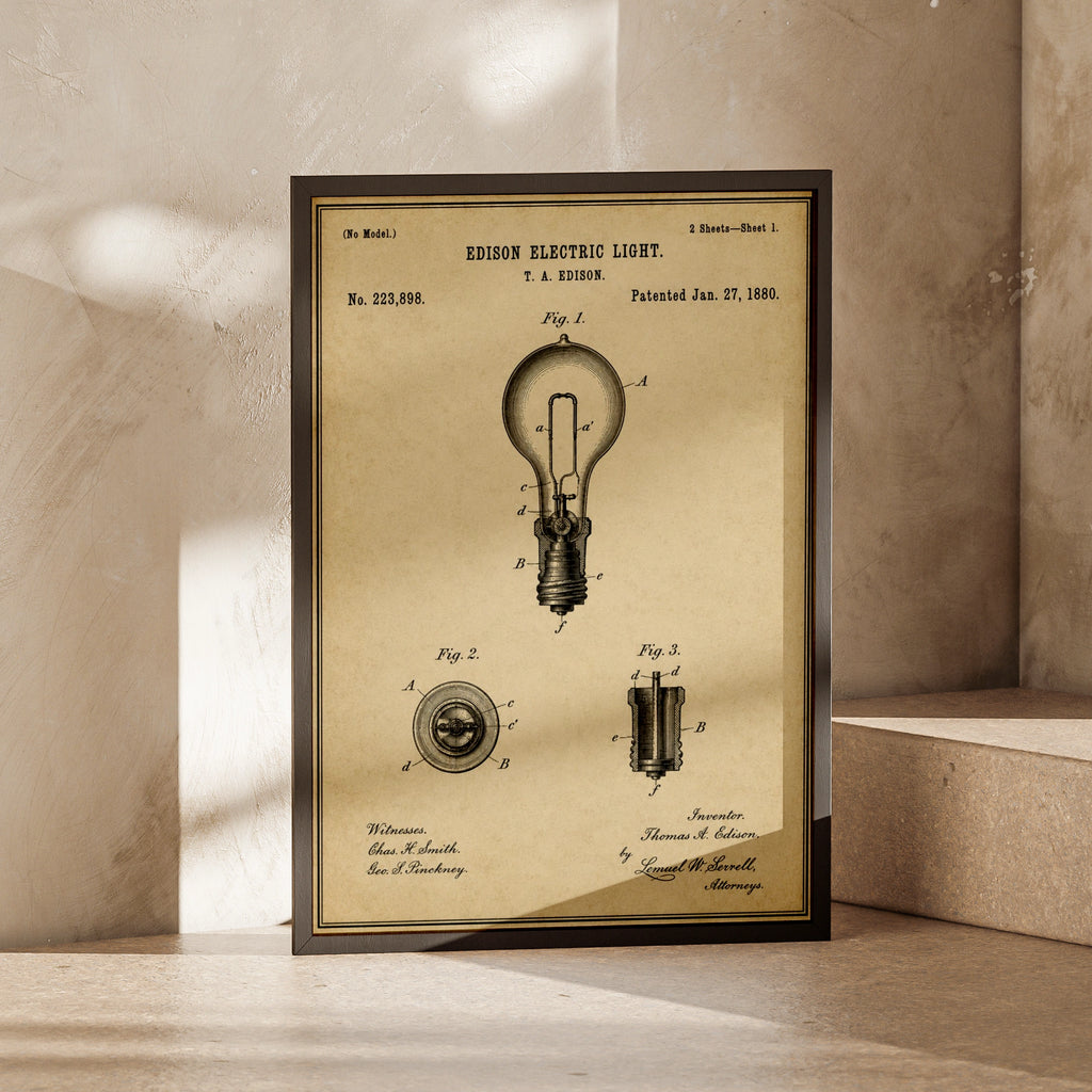 Edison Electric Light Bulb Patent Print, Vintage Invention Poster, Sepia Engineer Wall Art
