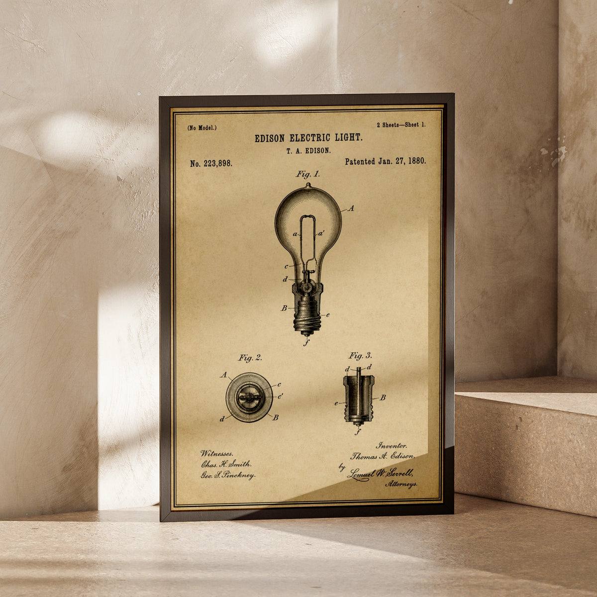Edison Electric Light Bulb Patent Print, Vintage Invention Poster, Sepia Engineer Wall Art