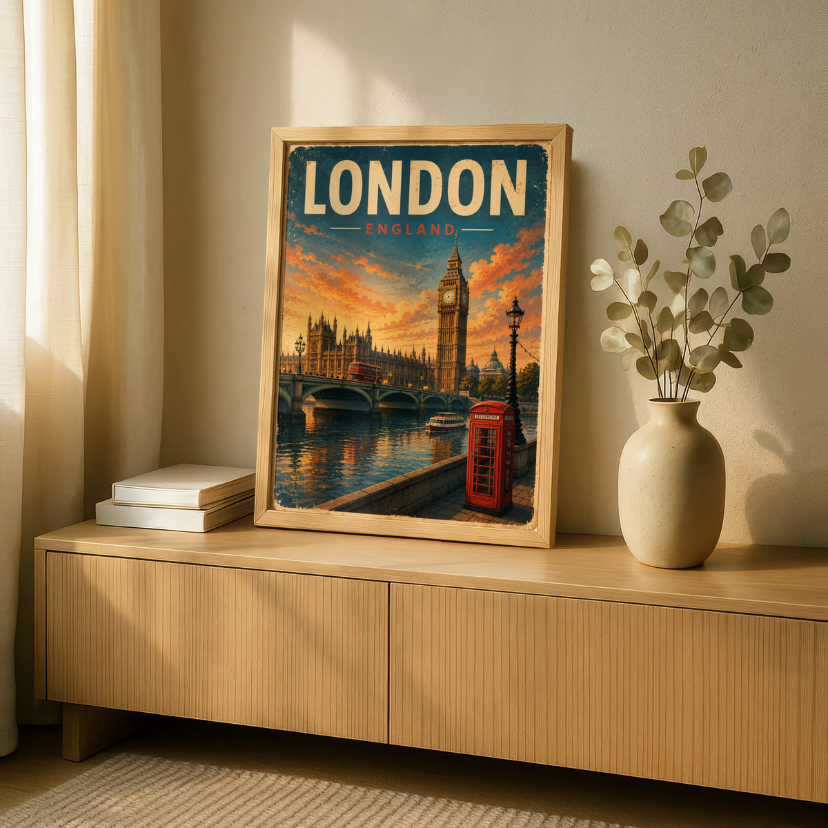 London England Vintage Travel Poster, Big Ben Red Phone Box Wall Art Print