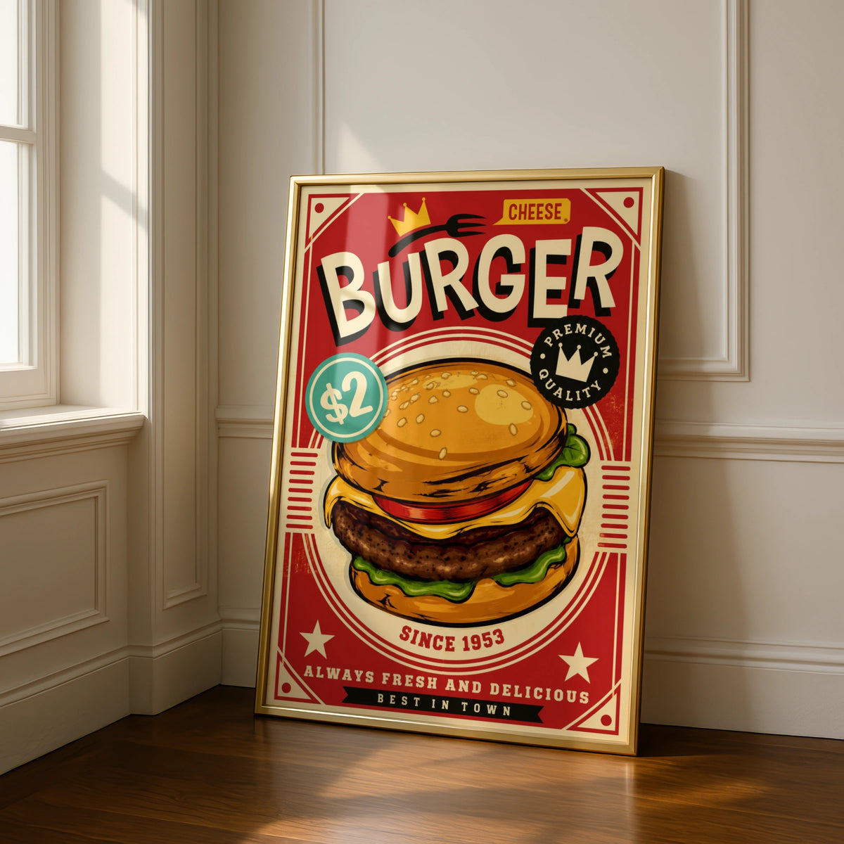 Retro Burger Poster, Vintage Fast Food Wall Art, Diner Kitchen Decor, Red Cheeseburger Print