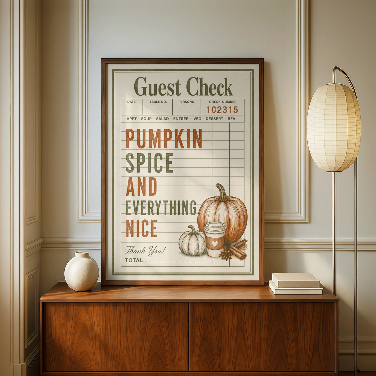Pumpkin Spice Guest Check Poster, Autumn Kitchen Wall Art, Fall Retro Print