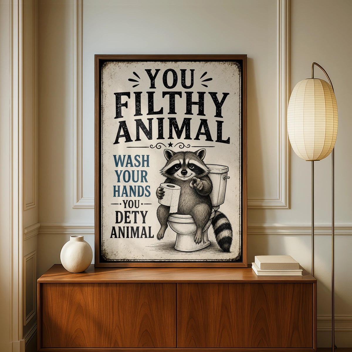 Funny Raccoon Bathroom Poster, Wash Your Hands Sign, Vintage Toilet Wall Art