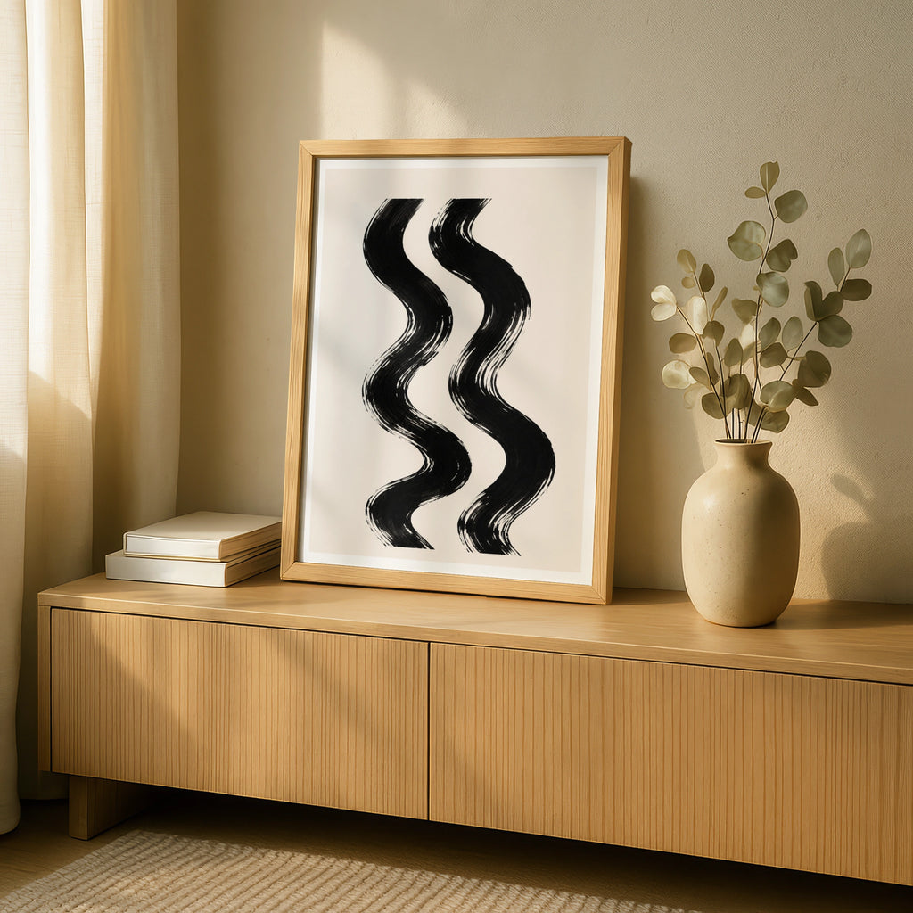 Abstract Swirl Poster, Black Cream Brushstroke Wall Art, Minimalist Wavy Lines Print