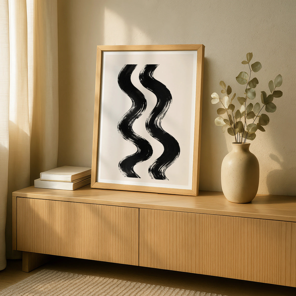 Abstract Swirl Poster, Black Cream Brushstroke Wall Art, Minimalist Wavy Lines Print
