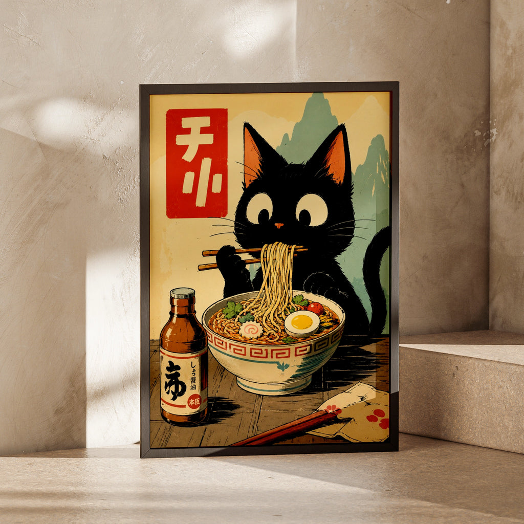 Black Cat Eating Ramen Poster, Japanese Style Wall Art, Cute Cat Noodle Print