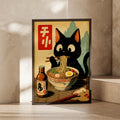 Black Cat Eating Ramen Poster, Japanese Style Wall Art, Cute Cat Noodle Print