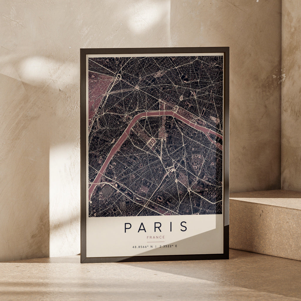 Paris Map Poster, France City Street Map Print, Dark Moody Wall Art, Seine River