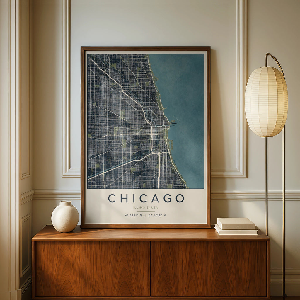 Chicago Map Poster, Illinois City Street Map Print, Navy Blue Wall Art, USA