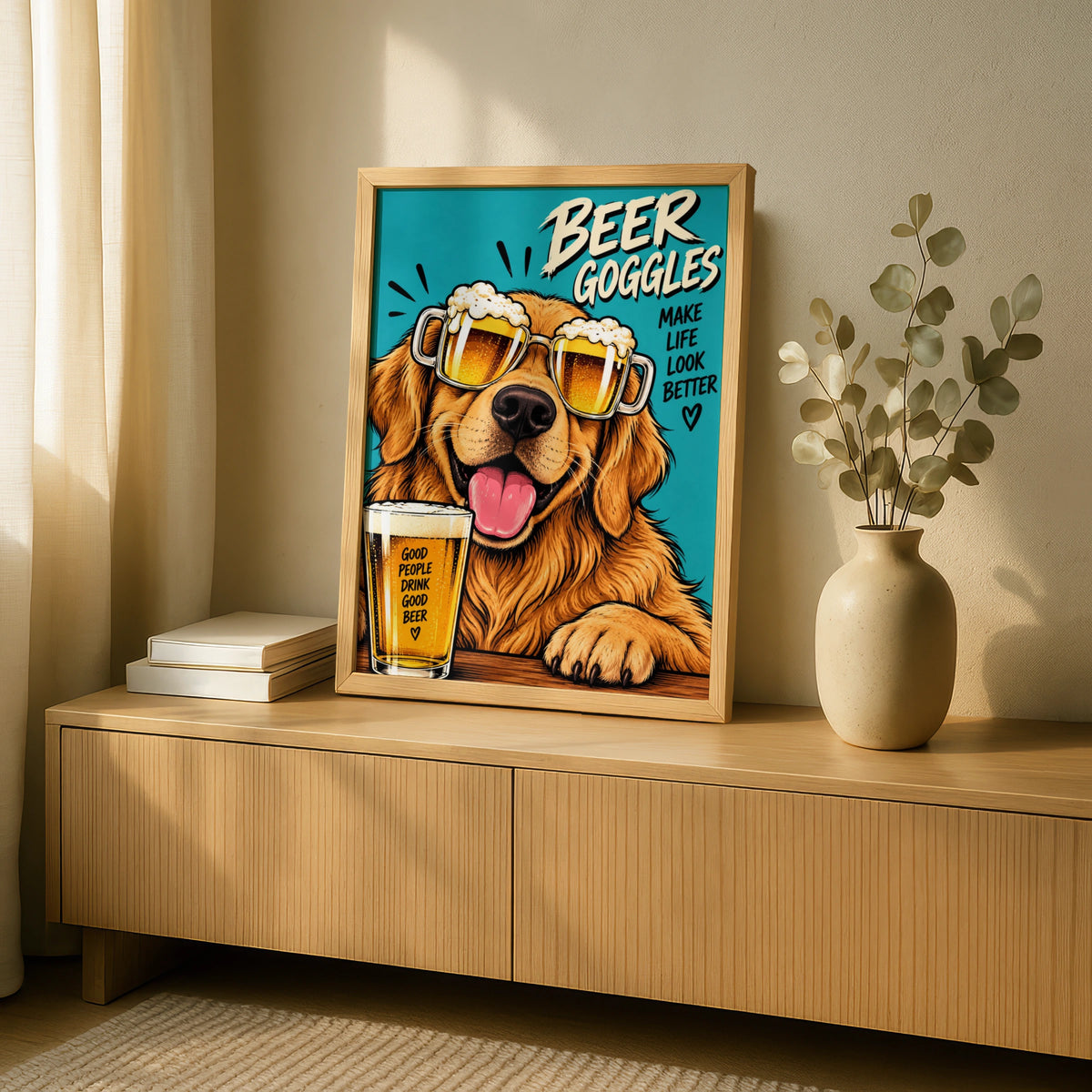 Beer Goggles Golden Retriever Poster, Funny Dog Beer Wall Art, Man Cave Print