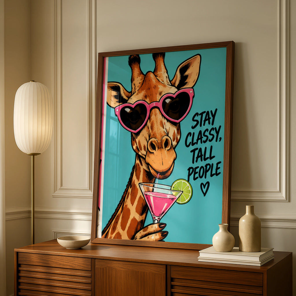 Stay Classy Tall People Giraffe Poster, Funny Animal Wall Art, Pink Cocktail Print