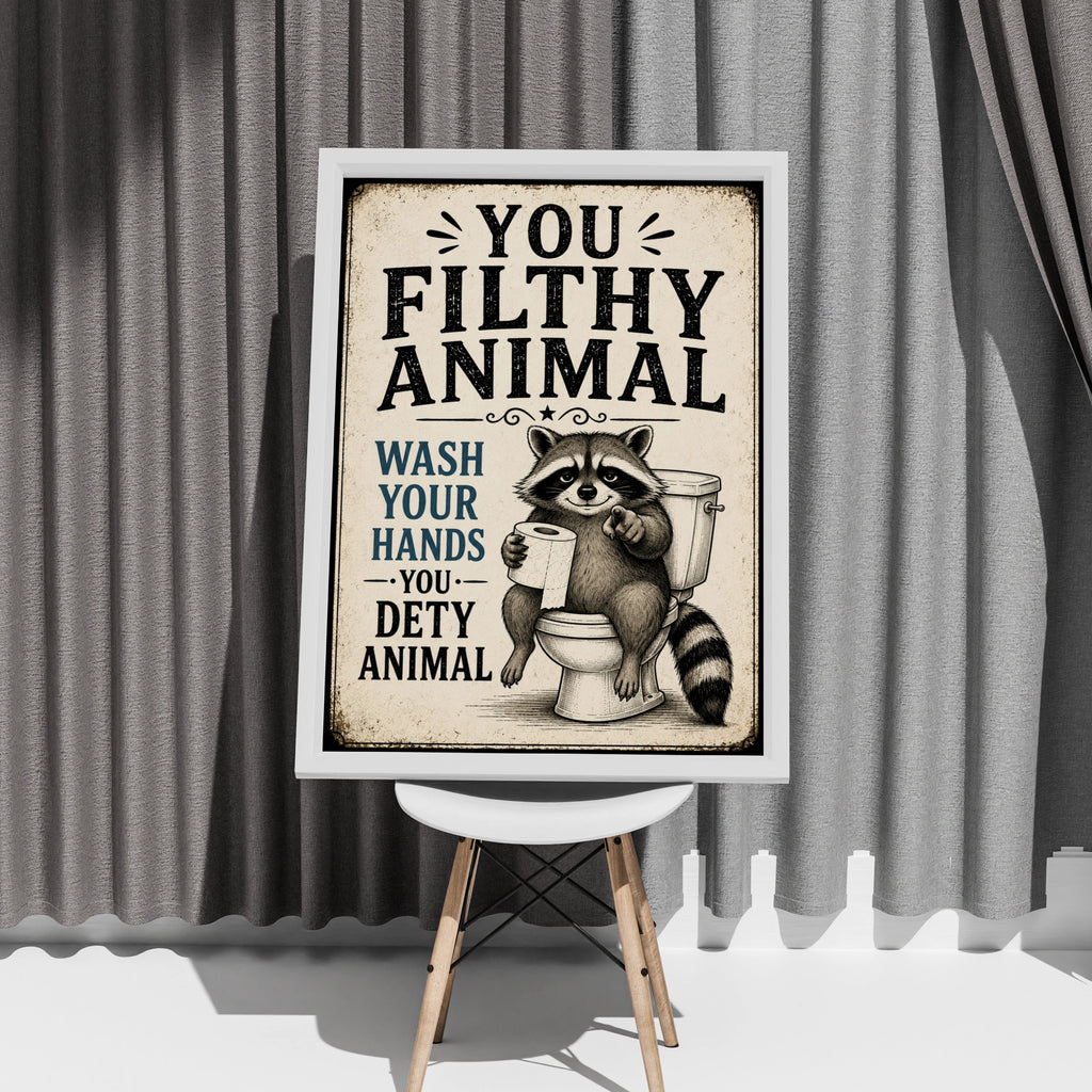 Funny Raccoon Bathroom Poster, Wash Your Hands Sign, Vintage Toilet Wall Art