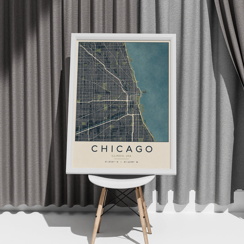 Chicago Map Poster, Illinois City Street Map Print, Navy Blue Wall Art, USA