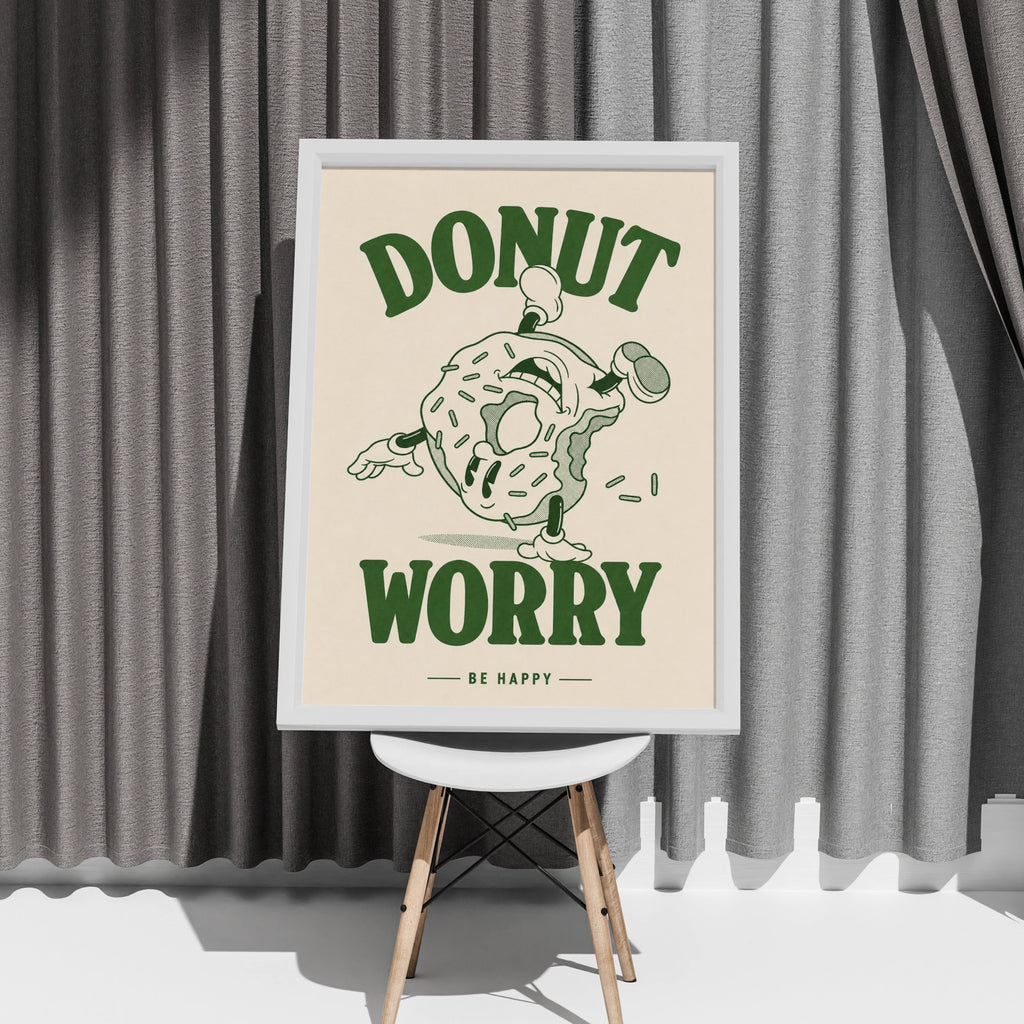 Donut Worry Be Happy Poster, Retro Green Cartoon Wall Art, Funny Kitchen Print