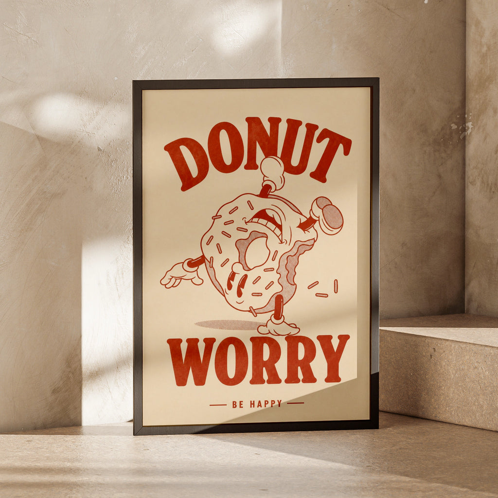 Donut Worry Be Happy Poster, Retro Food Wall Art, Funny Kitchen Print, Red Cream