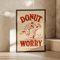 Donut Worry Be Happy Poster, Retro Food Wall Art, Funny Kitchen Print, Red Cream
