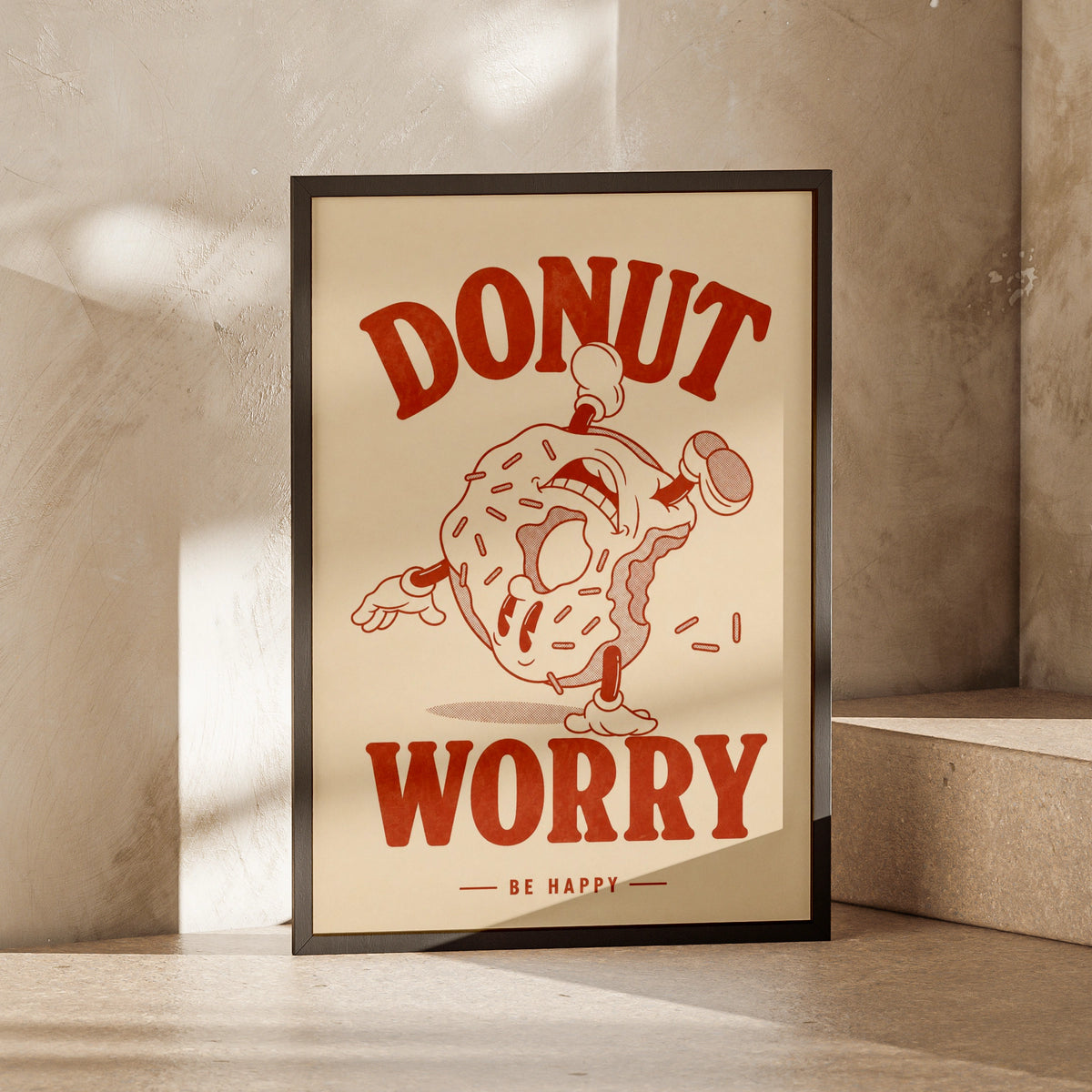 Donut Worry Be Happy Poster, Retro Food Wall Art, Funny Kitchen Print, Red Cream