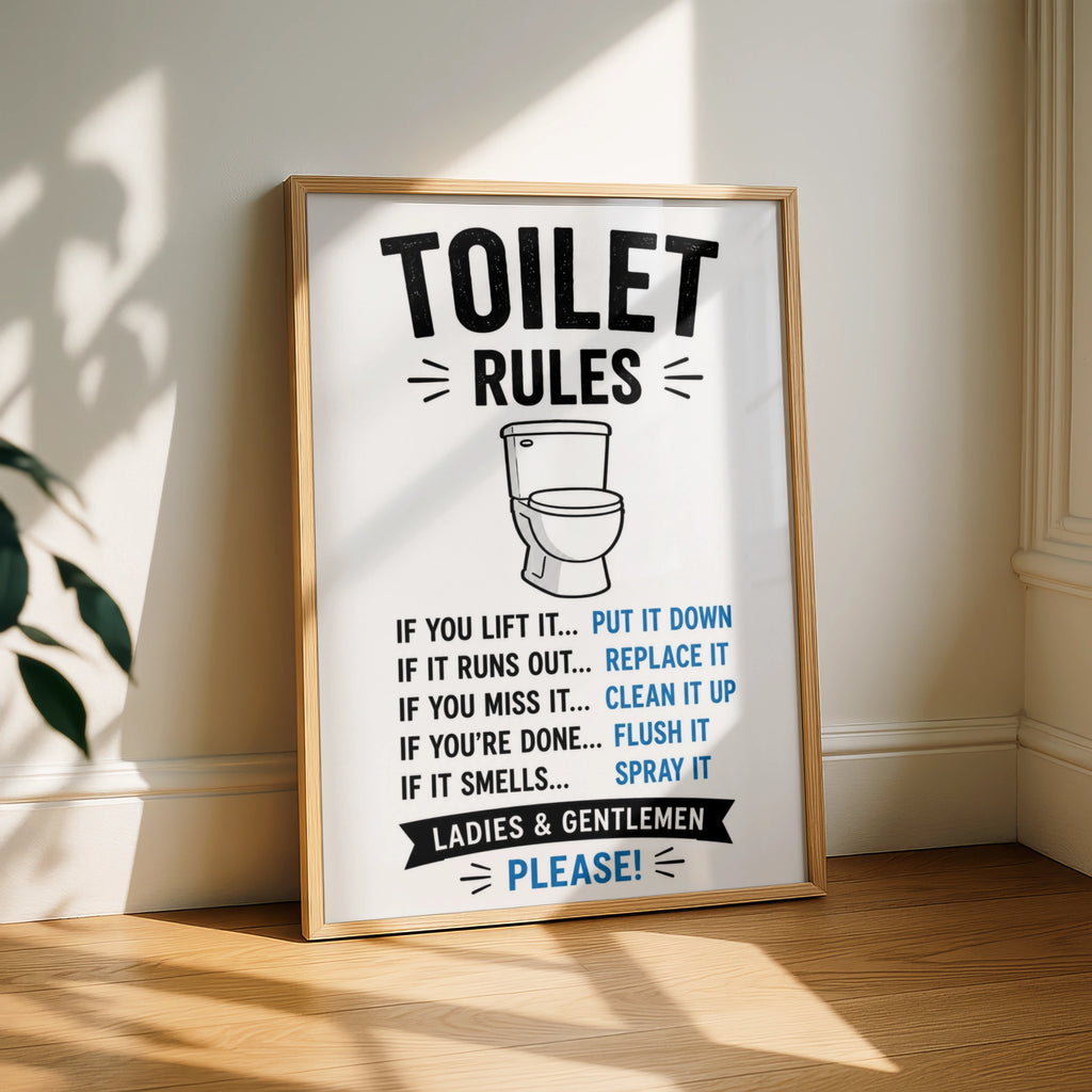 Toilet Rules Funny Bathroom Poster, Humorous Loo Wall Art, Black Blue Home Print