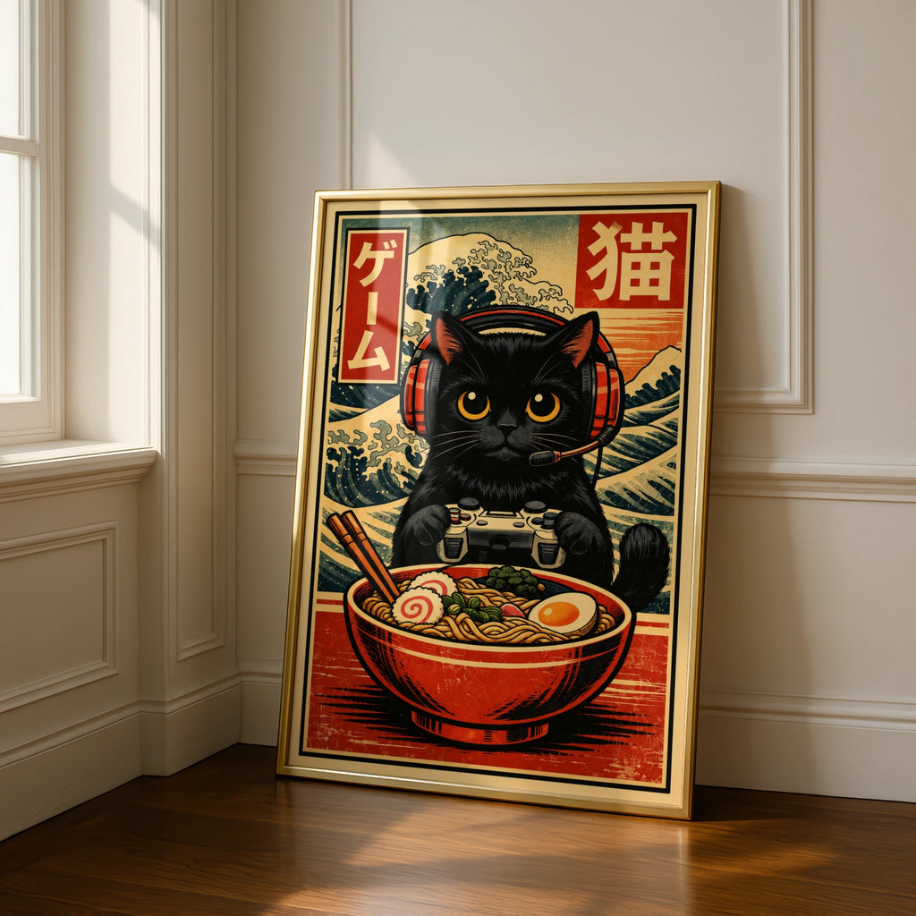 Black Cat Ramen Gamer Poster, Japanese Woodblock Wall Art, Gaming Room Print