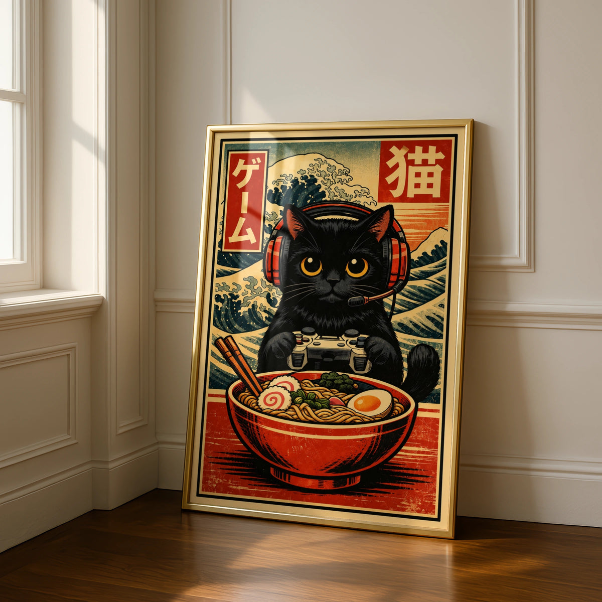 Black Cat Ramen Gamer Poster, Japanese Woodblock Wall Art, Gaming Room Print