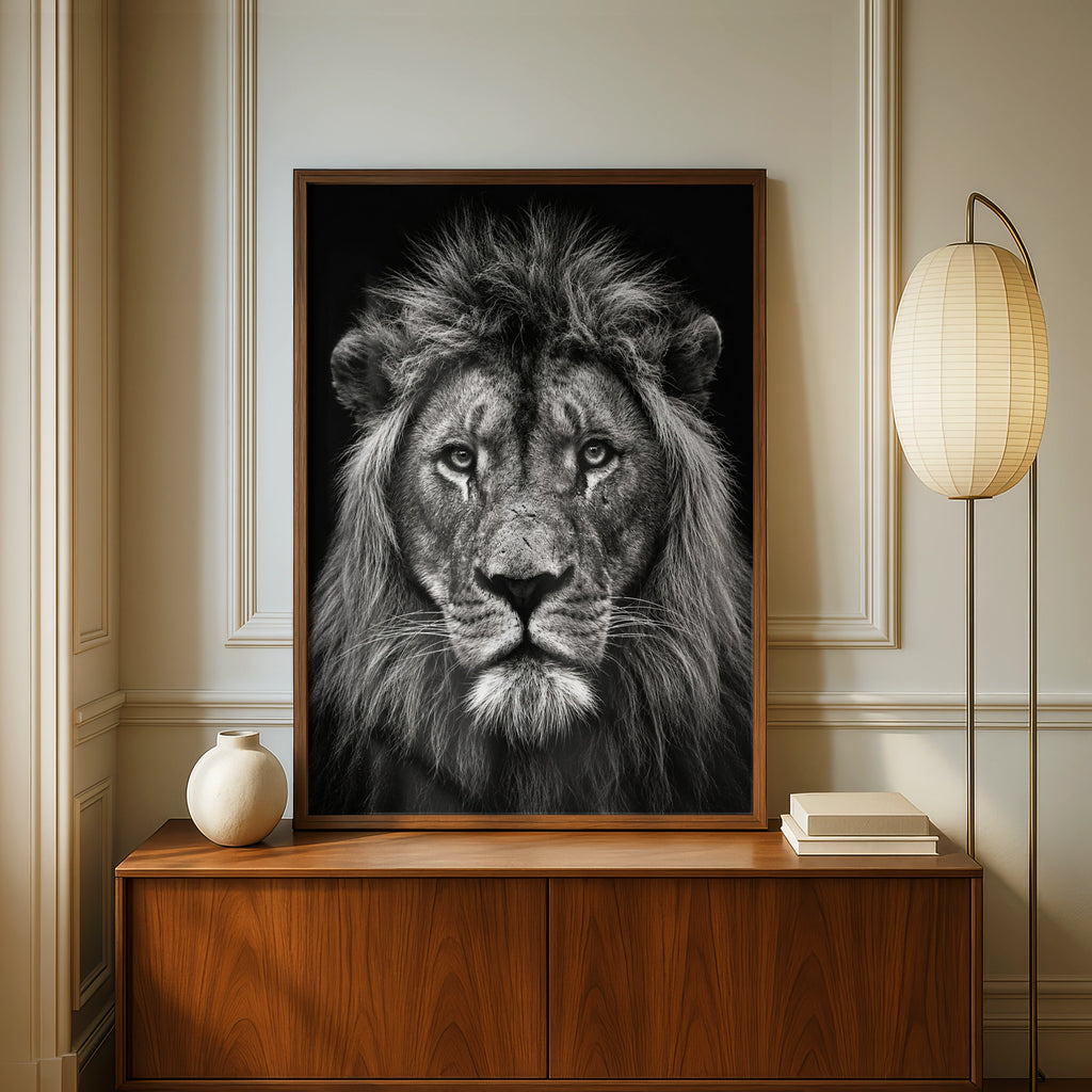 Black and White Lion Portrait Poster, Bold Wildlife Wall Art, Monochrome Big Cat Print