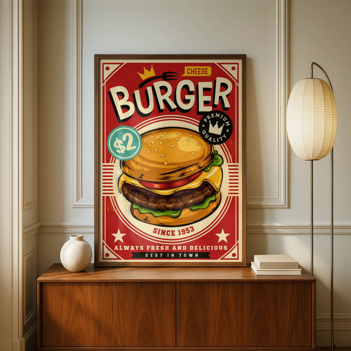 Retro Burger Poster, Vintage Fast Food Wall Art, Diner Kitchen Decor, Red Cheeseburger Print