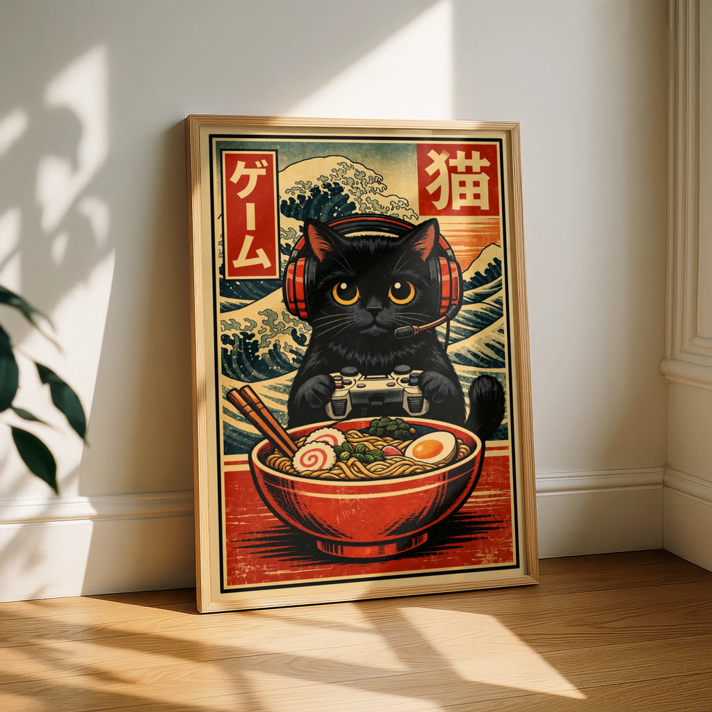 Black Cat Ramen Gamer Poster, Japanese Woodblock Wall Art, Gaming Room Print