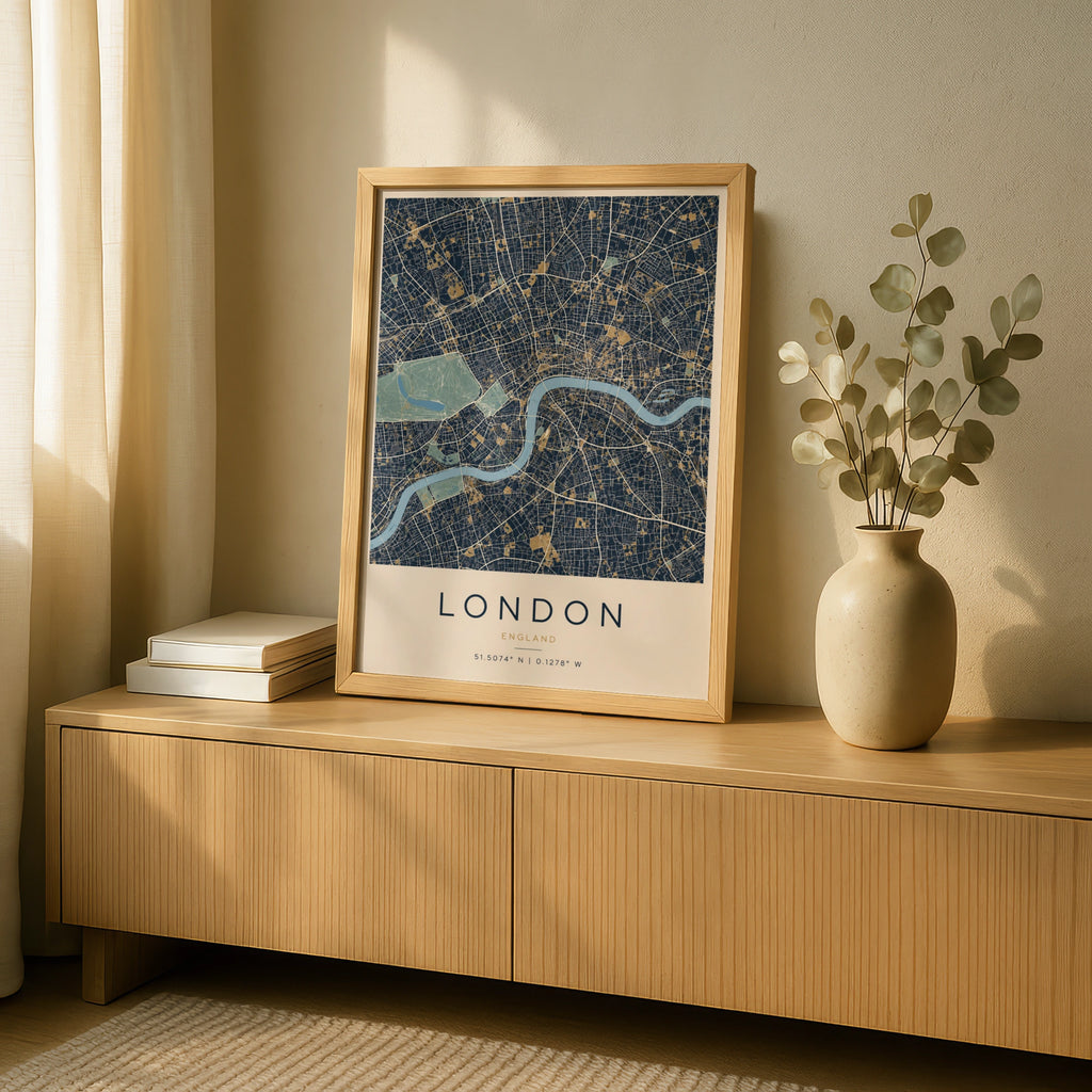 London City Map Poster, Navy Blue Gold Wall Art, River Thames Print, England Gift