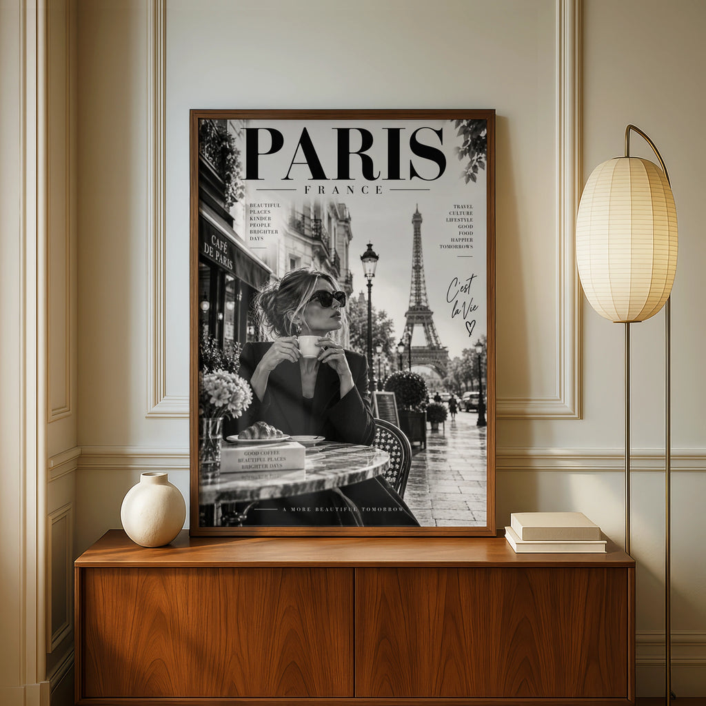 Paris France Magazine Style Poster, Eiffel Tower Wall Art, Black White Cafe Print