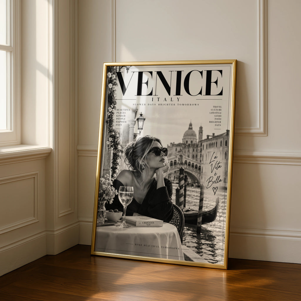 Venice Italy Magazine Cover Poster, La Vita e Bella, Black White Travel Wall Art Print