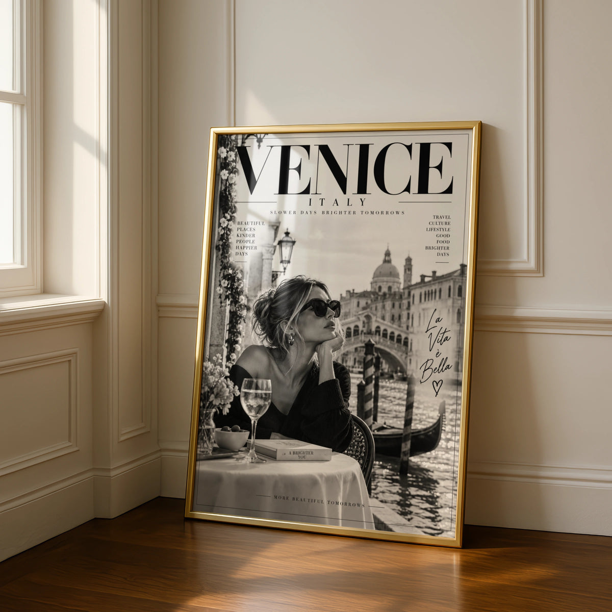 Venice Italy Magazine Cover Poster, La Vita e Bella, Black White Travel Wall Art Print