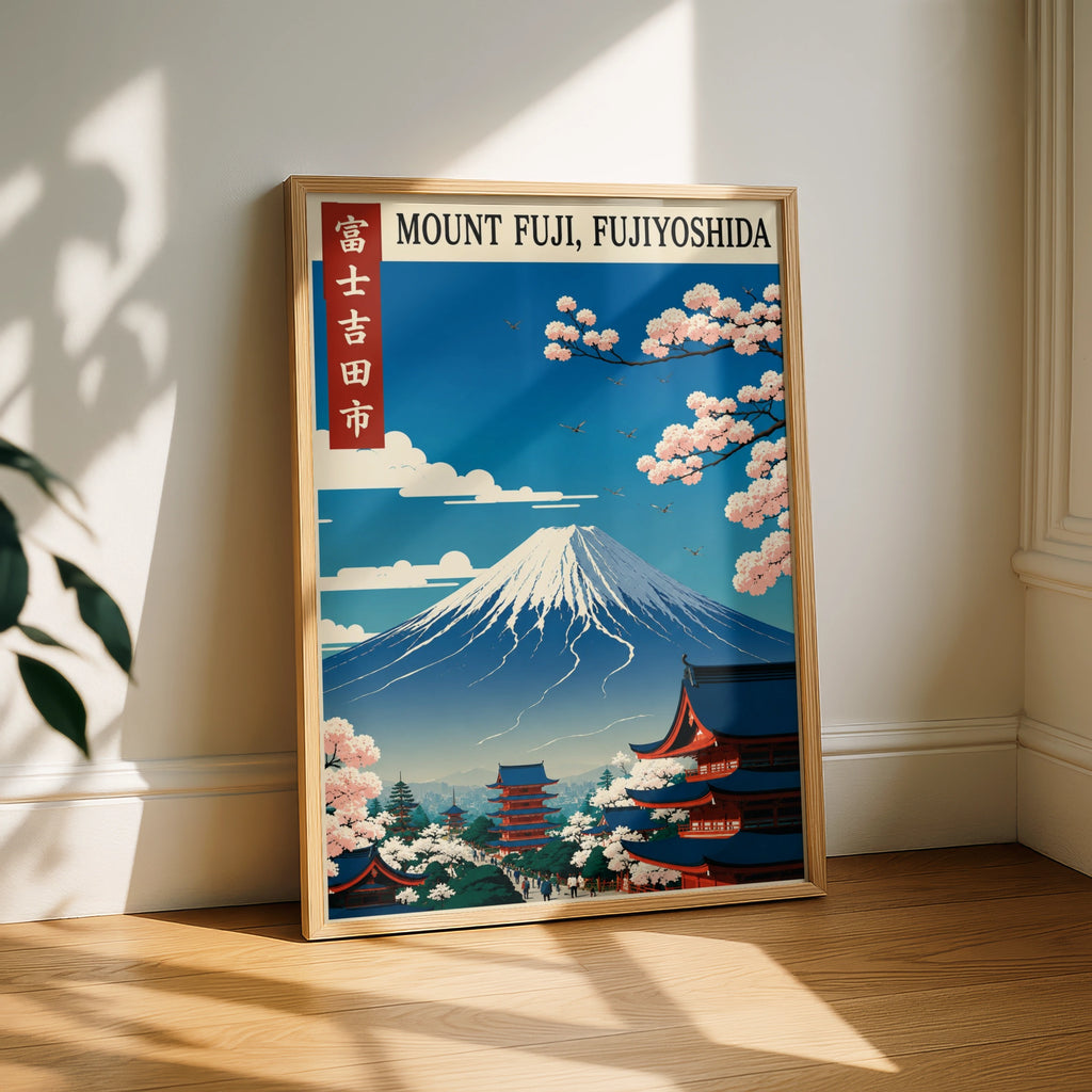 Mount Fuji Poster, Fujiyoshida Japan Travel Print, Cherry Blossom Wall Art