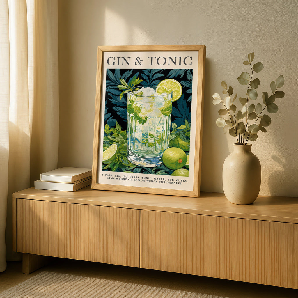 Gin & Tonic Cocktail Poster, Bar Cart Wall Art, Green Botanical Drinks Print