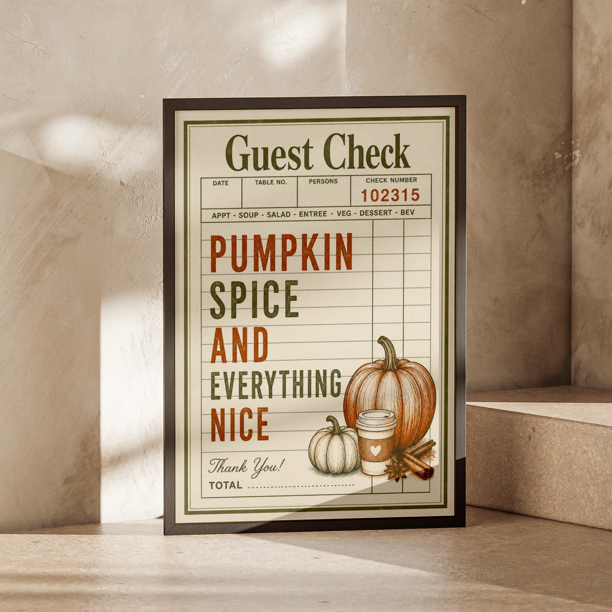 Pumpkin Spice Guest Check Poster, Autumn Kitchen Wall Art, Fall Retro Print