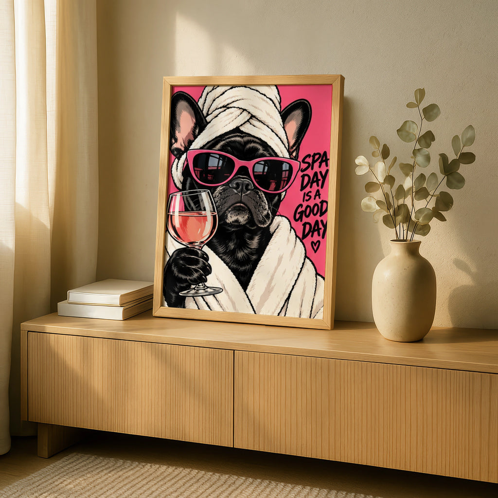 Spa Day Is A Good Day French Bulldog Poster, Funny Dog Wall Art, Pink Bathroom Print