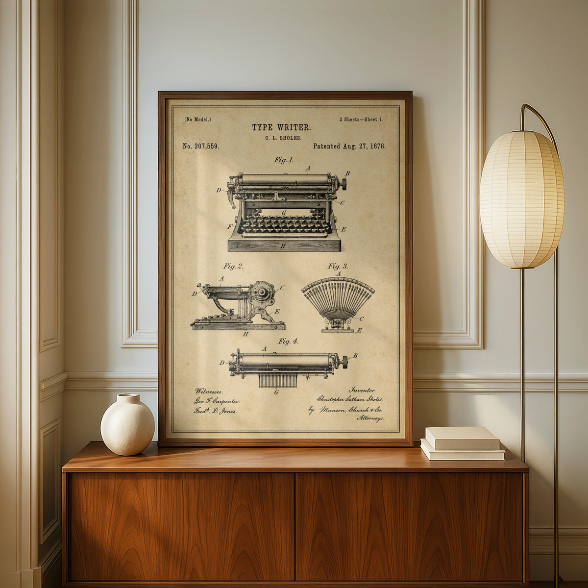 Typewriter Patent Print, Vintage 1878 C L Sholes Blueprint, Antique Writer Wall Art