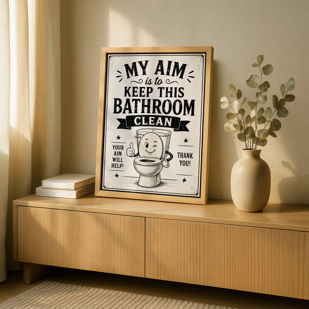 Funny Bathroom Poster, My Aim Is To Keep This Bathroom Clean, Retro Toilet Sign